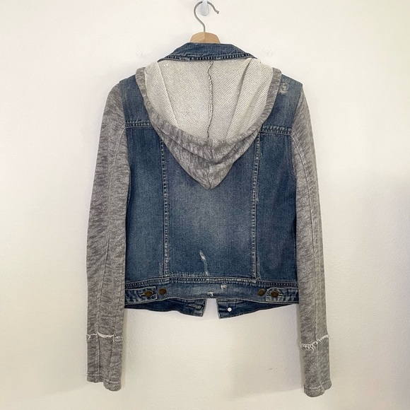 Free People Throwback Distressed Denim Knit Hooded Jacket Medium - Picture 5 of 16